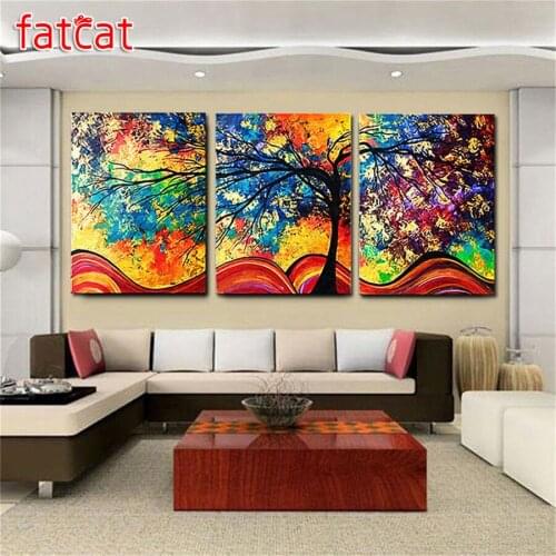FATCAT Rich Tree Color Landscape 5D Diy Diamond Painting Triptych full mosaic diamond Embroidery Sale Wall Decoration AE1455