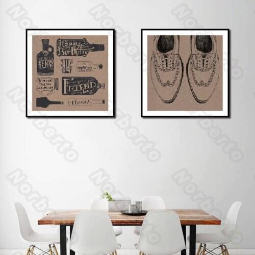 Canvas Painting and Posters Wall Deep Brown Background Different Bottles and Shoes with Black Lines for Home Room Decoration