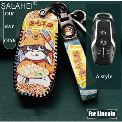 Leather Car Key Case Cover For Ford 2015 2016 Mustang Lincoln MKZ MKC MKX Smart Remote Fob Shell Protector Case Keychain Bag