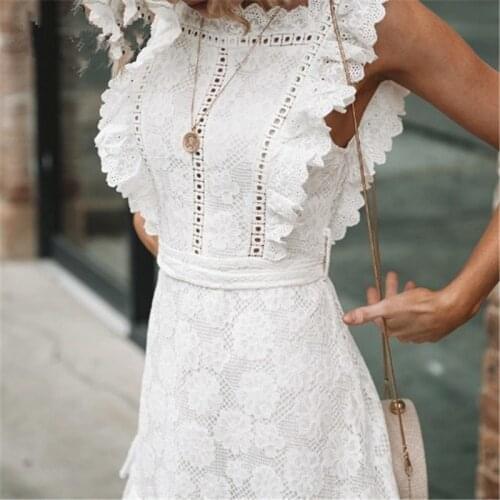 2020 Fashion Trend Women Summer Beach Holiday Mini Dress Sleeveless Lace Hollow Waist Slim Fitting Casual White Mini Dress
