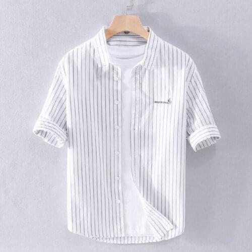 2021 Suehaiwes brand Italy style half sleeve striped casual shirt men fashion embroidery white shirts men camisa chemise tops