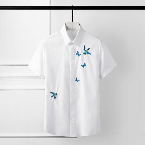 Plus Size 3XL 4XL Mens Shirts Luxury Blue Butterfly And Bird Embroidery Short Sleeve Men Shirts Solid Color Slim Fit Man Shirts