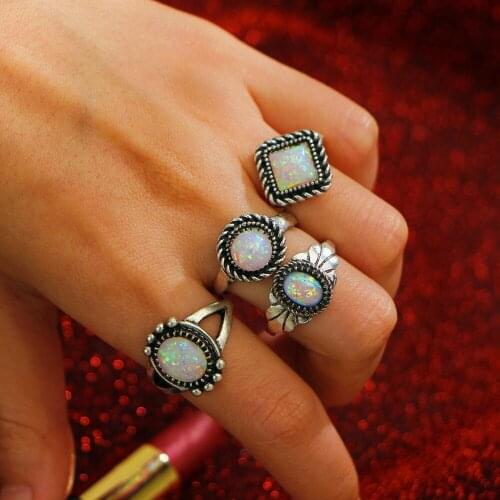 4 Pcs/Set Colorful Stone Opal Rings Set Geometric Vintage Antique Knuckle Shield Rings For Women Party Jewelry Gift