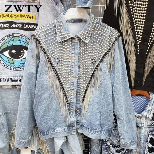 ZWTY Spring Autumn Womens New Heavy Industry Rivet Tassel Denim Jacket Female Short Loose Jacket Korean Version Of Retro Jacket
