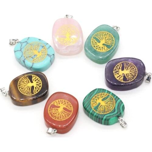 Natural Stone Pendant Life Tree Pattern Crystal Agates Amethysts Chakra Reiki Healing Stone Charms for Jewelry Making Necklace