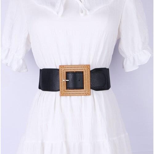 Brown Square Adjustable pin buckle Elasticity Black Rubber leather belt waist decorative for ladies on spring and summer dress