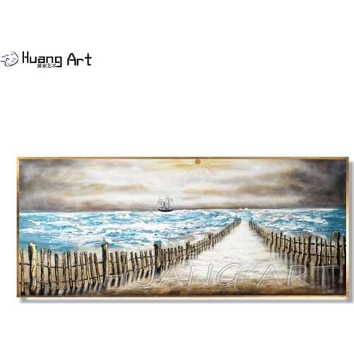 Hand-painted Sunrise Sea Landscape Oil Painting on Canvas Wall Pictures for Home Decoration Fenced Road Landscape Oil Painting