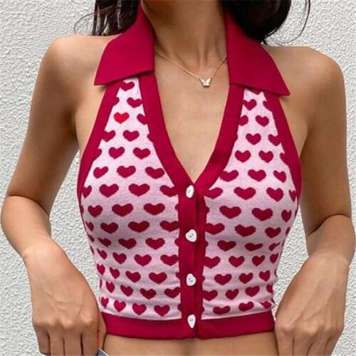 Heart Print Backless Halter Bra Lapel Top Deep V Neck Sexy Sleeveless Crop Tops 2021 Summer Button Up Tank Tees Suntop for Girls