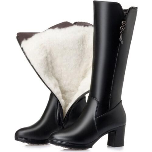 Wool Snow Boots Women Fur Warm Shoes Plush mid calf Boots Fashion Zipper Warm Genuine Leather Platform Women Winter Boots