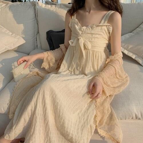 Cotday Female Student Korean Fairy Version 2021 Chiffon Bow Belt Dress Summer Hollow Out Lace Hot Sale Women Dresses