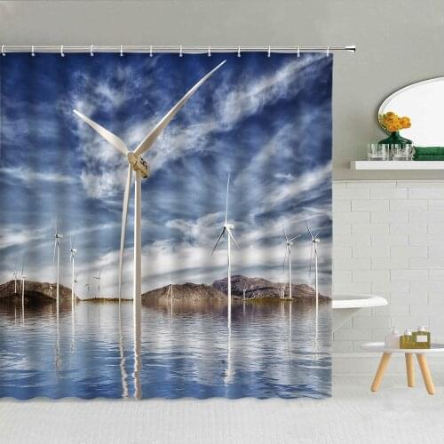 Modern Electric Windmill Shower Curtain Seaside Beach Lighthouse Tree Scenery Bathroom Decor Waterproof Fabric Hooks Curtains
