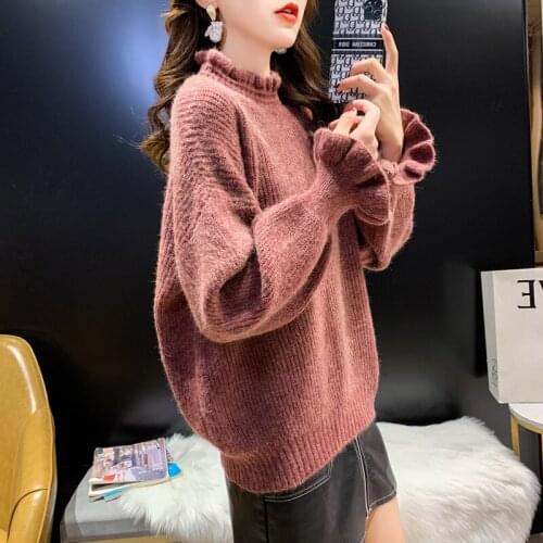 Autumn Winter Thick Half High Collar Knitted Sweater Women Jumper Ladies Vintage 3 Color Long Sleeve Knitwear Pullovers Female
