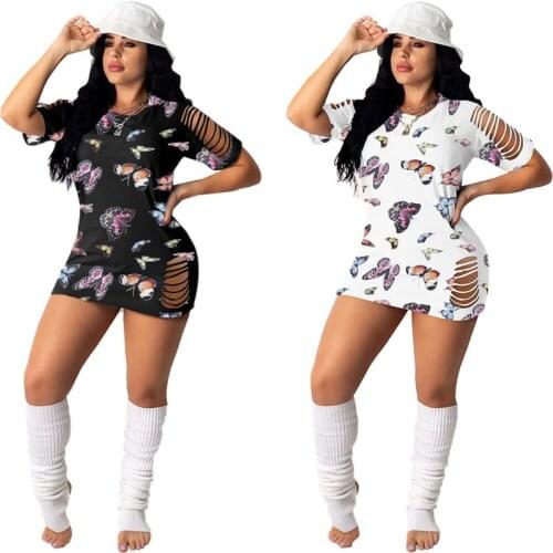 TNNAOFF Aesthetic Butterfly Print Hollow Out Mini Tshirt Dress for Women Summer Vacation Outfits Fashion Streetwear Club Dresses