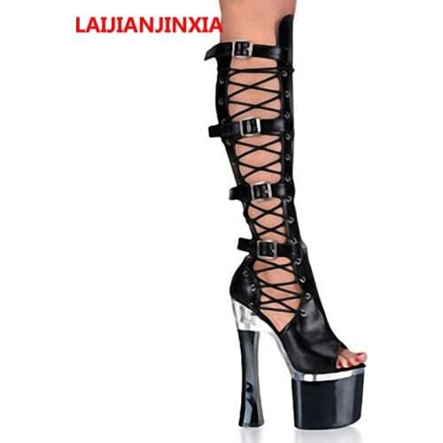 LAIJIANJINXIA Cut Out Black 18cm Square High Heels Dancing Shoes Night Club Party Queen Mid-calf Shoes Knee Boots Dance shoes