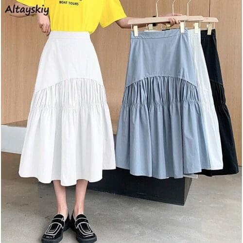 Skirts Women Summer New All-match Solid Simple Loose Elastic Waist Pleated Holiday Casual Streetwear Female Fashion Elegant Chic