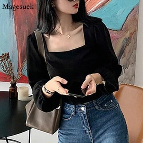 Spring Vintage Long Sleeve Shirts For Women Square Collar Short Sexy Corset Top Blouse Femme Casual Tops Women 2021 New 12455
