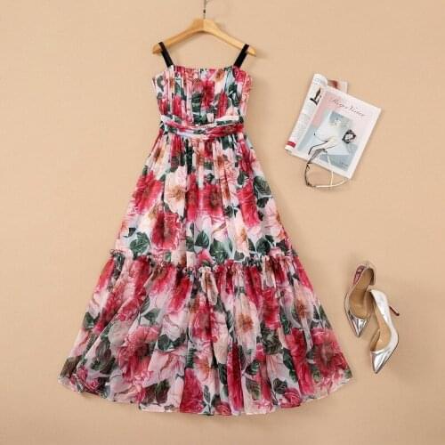 European and American womens clothing new summer 2021 Condole belt Floral print fashion pleated dress