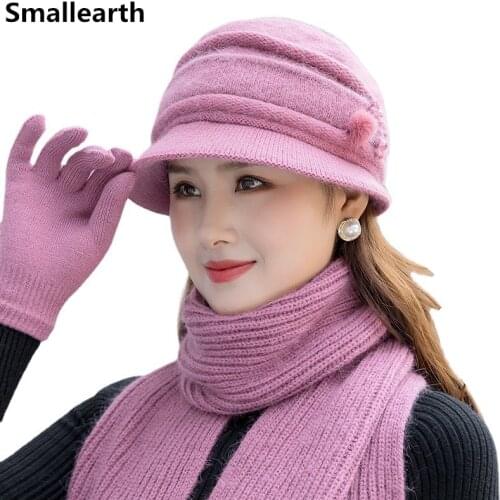 Winter Women Warm Beanies Hat Lady Mom Warm Outdoor Rabbit Fur Thick knitted Cap Scarf Sets Female Winter Hat Scarf Gloves Set