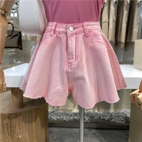 Pink High Waist Denim Shorts Women Summer 2021 New Korean Style Loose Fashion Sexy Wide Leg Shorts Streetwear Casual Pants Jeans
