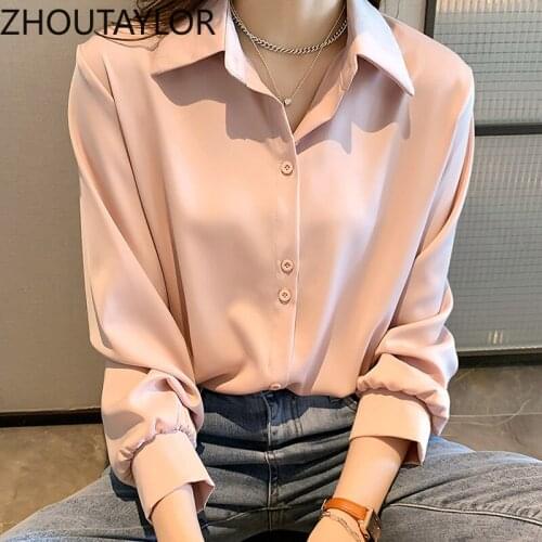 ZHOUTAYLOR Women Shirts Turn-down Collar Full Sleeve Office Lady Blouses Femme Single Breasted Straight Autumn Tops Female