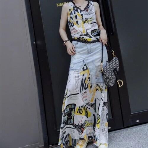 2021 Summer Clothes For Women New Chiffon Print T-shirt Denim Hole Irregular Splicing Skirt Two Piece Suit Fashion Pants Sets