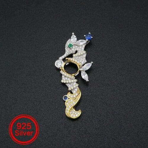 1Pcs 6x8MM Oval Prong Pendant Settings Sea Horse Pave Gold Plated Solid 925 Sterling Silver Charm Bezel Tray DIY Supply 1421124