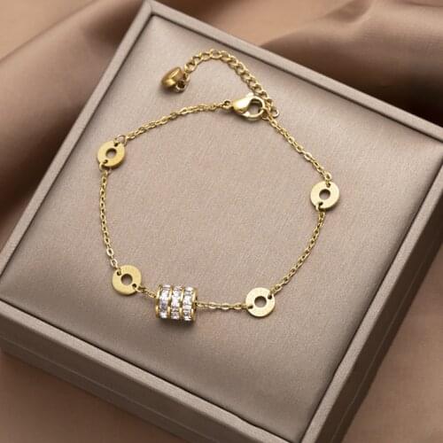 316L Stainless Steel New Fashion Upscale Jewelry Embedded With Three Rows Zircon Roman Numerals Charm Chain Bracelets For Women