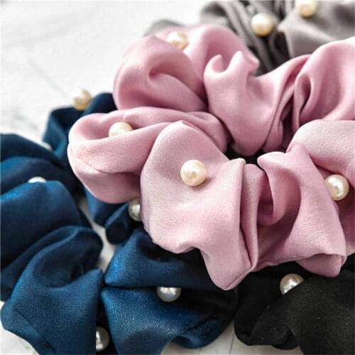 Satin Silk Solid Color Scrunchies Elastic Hair Bands Imitation Pearls Women Girls Hair Accessories Ponytail Holder Hair Rope