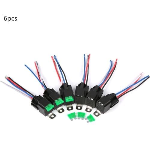 6pcs 12V 30A Car Fuse Relay Switch Harness Set SPST 4-Pin 14 AWG Hot Wires Switch Relay Blade Fuse Relay Switch