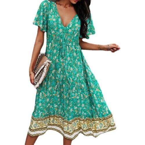 Boho summer sexy women dress Floral Print Soft Casual Elegant V Neck Women Dress for Dating dress women 2021 fashion Green xl