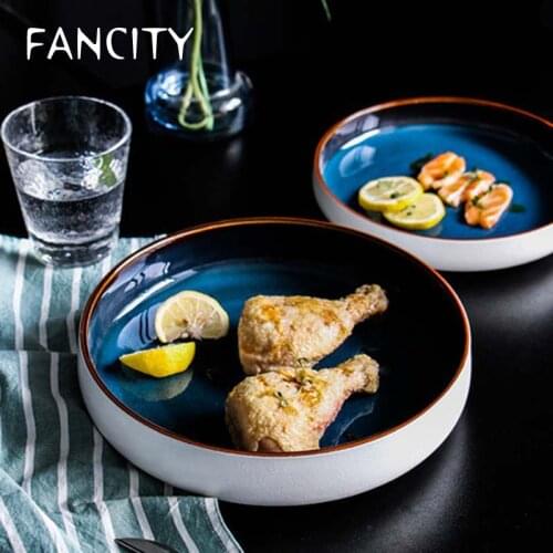 FANCITY Large plate deep dish Nordic ceramic kiln turned blue large creative net red tableware western dinner plate restaurant