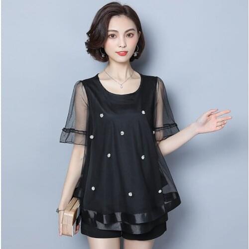Large Size Women Summer Short Sleeve Loose Blouses Shirts Ruffle Temperament Sexy Tops O-Neck Casua Chiffon BlusasMM0163