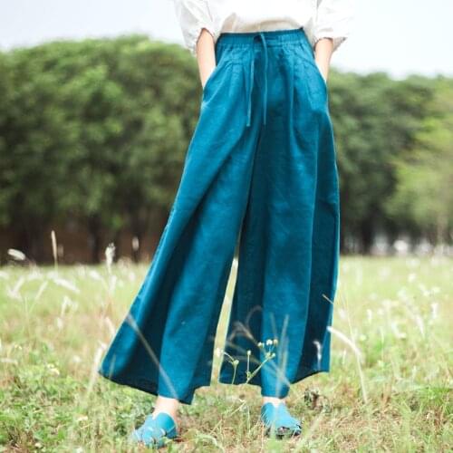 Women Loose Linen Wide Leg Trousers Ladies Elastic Waist Retro Flax Pants Female 2021 Summer Autumn Pants