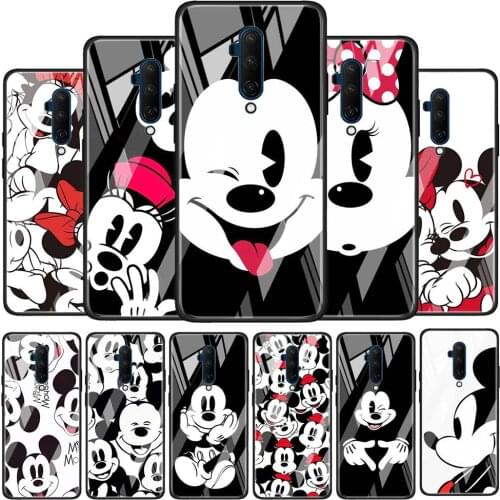 Disney Mickey Minnie Black Glossy Protection Cover for OnePlus 9R 9 8T 8 7T 7 Pro Nord Z 5G Luxury Tempered Glass Phone Case
