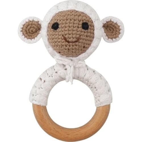 Baby Wooden Teether Ring DIY Crochet Animal Rattle Infant Teething Nursing Soother Molar Toys for Newborn