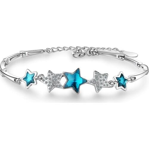 Elegant Blue Crystal Pentagram Link Chain Bracelet Silver Color Cubic Zirconia Bracelet Wedding Gift