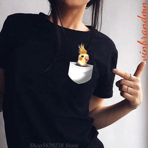 Creative Pocket Design T-Shirt Womens Novelty Cockatiel Parrot Print T Shirt Summer short sleeve cotton Geek Style Top Tee Muje
