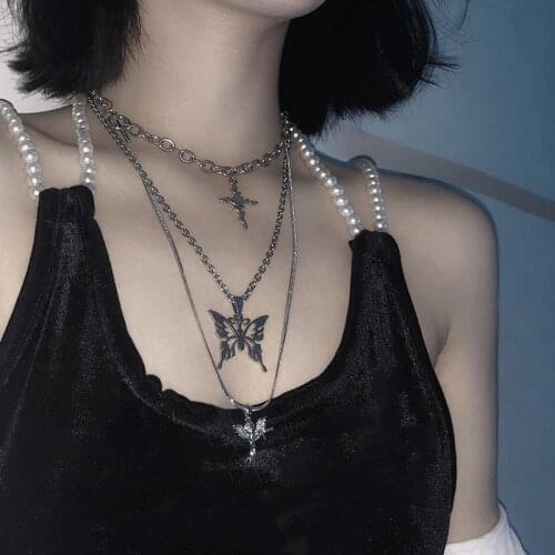 HUANZHI 2020 3pcs/set Three Layer Butterfly Cross Angel Pendant Grunge Metal Chain Necklace for Women Punk Cool Guy Jewelry