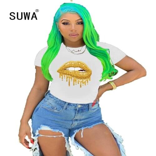 Newest product classic black white t-shirt top 2020 summer mouth print short sleeve top street fashion lounge wear