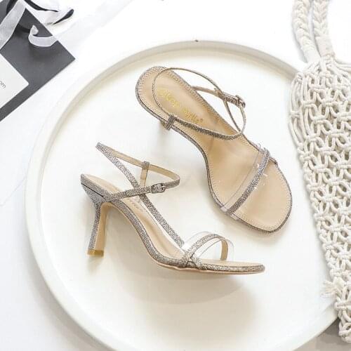 2020 Summer New Womens Shoes Korean-Style Fashion A- line Buckle Transparent Thin Sequin High-Heeled Sandals
