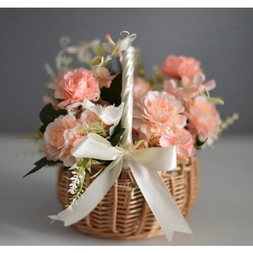Woven Flower Basket Rattan Storage Basket Flower Girl Hand Basket Handmade Flower Basket with Bow