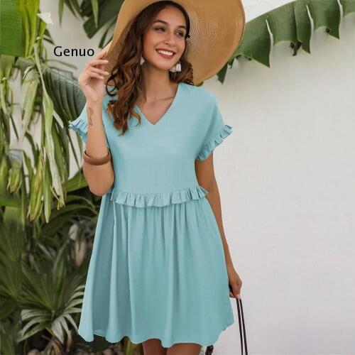 Casual Solid V-neck Women Dress Summer Short Sleeve Ruffle High Waist A-line Loose Mini Dresses Fashion Holiday Female Dress