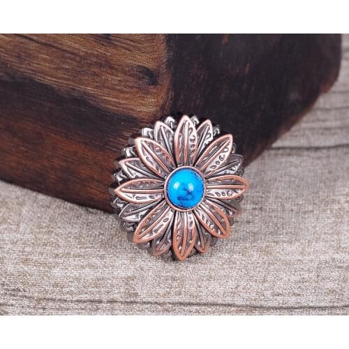10PC 30*30MM Flower leathercraft saddle Concho for leather with Blue Turquoise Center Antique Copper Screwback