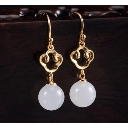 Silver Chinese Style Retro Lotus Earrings For Womens Simple Temperament Elegant Natural Khotan Jade Earrings
