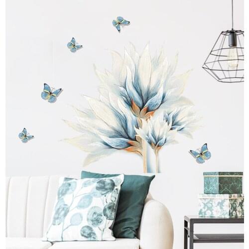 Blue Watercolor Butterflies Wall Stickers Flowers Living Room Sofa Backdrop Wall Decoration Bedroom Decor Wallpaper 3D Stickers
