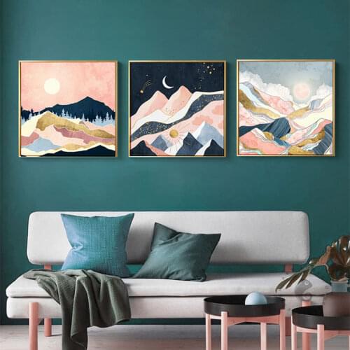 Modern Abstract Landscape Picture Home Decor Golden Canvas Painting Wall Art Mountain Sunrise Prints and Posters for Living Room