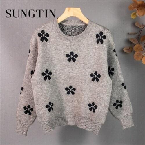 Sungtin Floral O Neck Fall Knitted Sweaters for Women Casual Vintage Pullover Sweater 2021 New Fashion Korean Knit Jumper Female