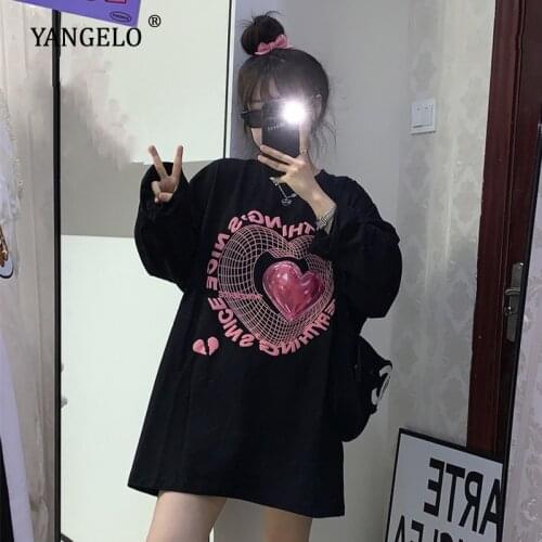 Hip-hop Womens Black Tops Oversized Heart Patter Print T - shirt Female Korean 2021 New Loose Streetwear Tee