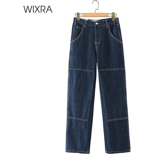Wixra Womens Denim Pants Ladies Casual Bottoms Female Straight Jeans Trousers Autumn Spring High Waist Patchwork Bottom