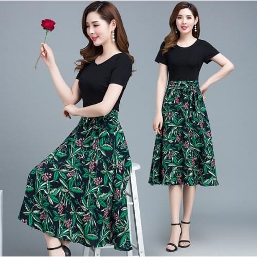 Women Floral Print Patchwork Short Sleeve O-Neck A-Line Chiffon Vintage Plus Size Green Yellow Party Cocktail Dresses 9829